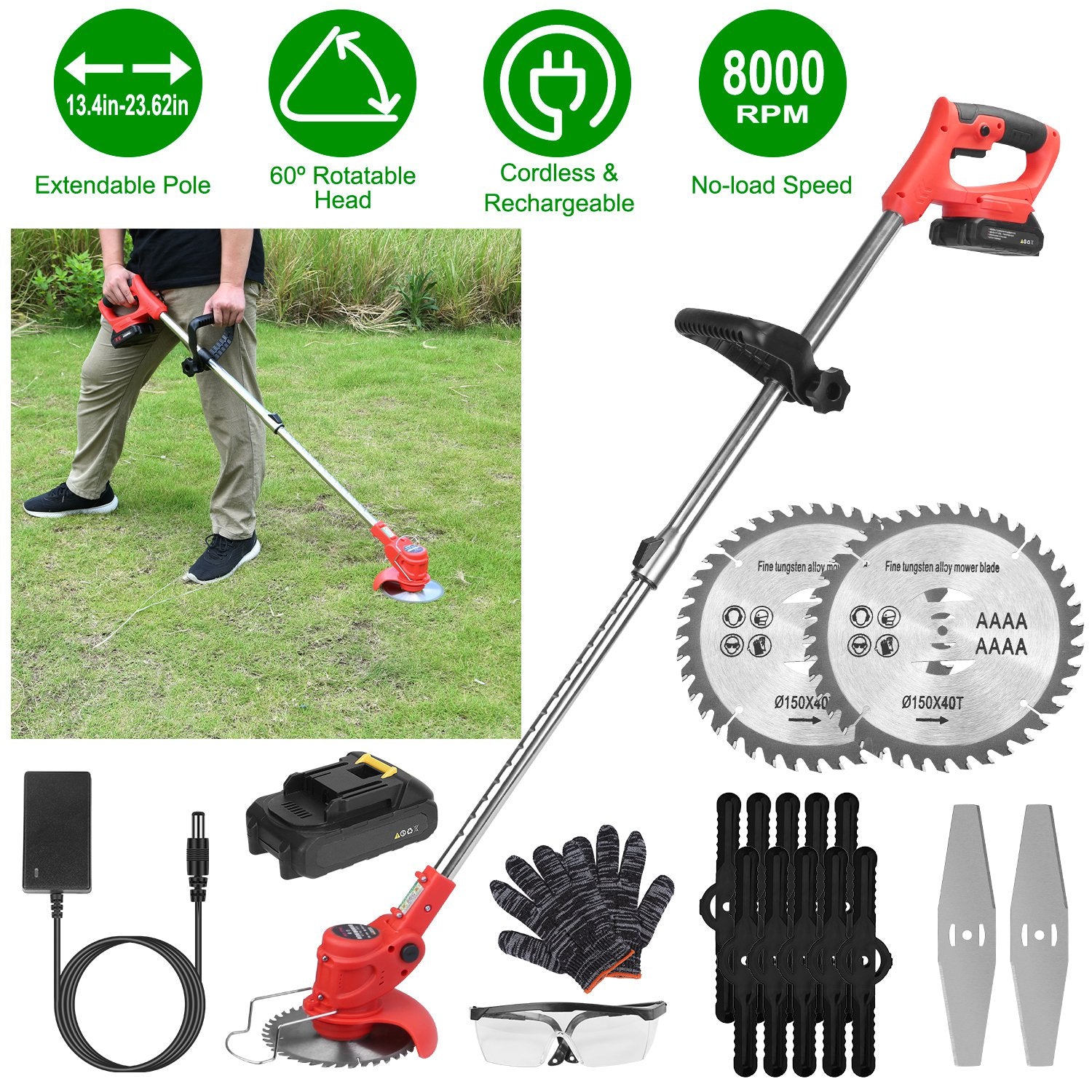 Electric Cordless Grass Trimmer Rechargeable Lawn Mower Weed Cutter with 2 Alloy Saw Blades 2 Alloy Blades 10 Plastic Blades 2 Rechargeable Batteries