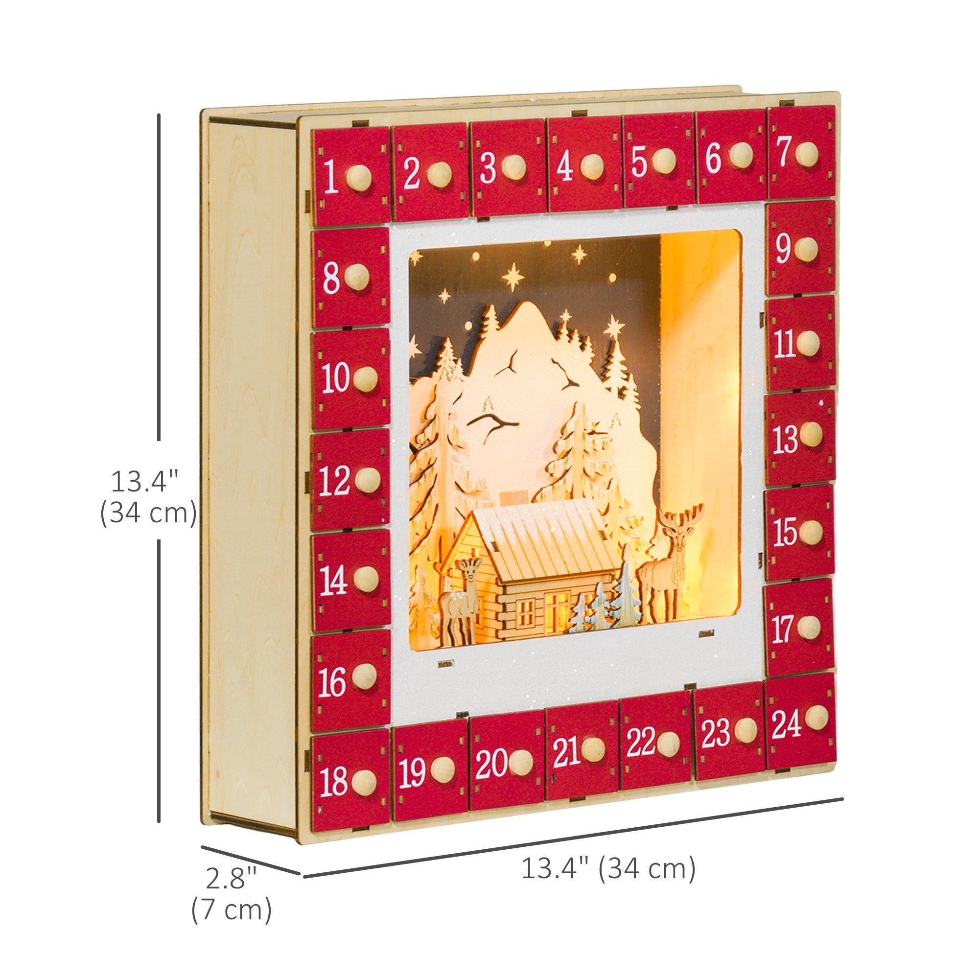 HOMCOM Wooden Christmas Advent Calendar, Light Up Holiday Decoration with 24 Countdown Drawers, Battery Operated 
