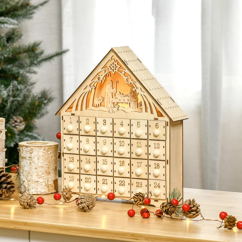 HOMCOM Wooden Christmas Advent Calendar – 24 Fillable Countdown Drawers with LED Lights, Battery Operated, Reusable 