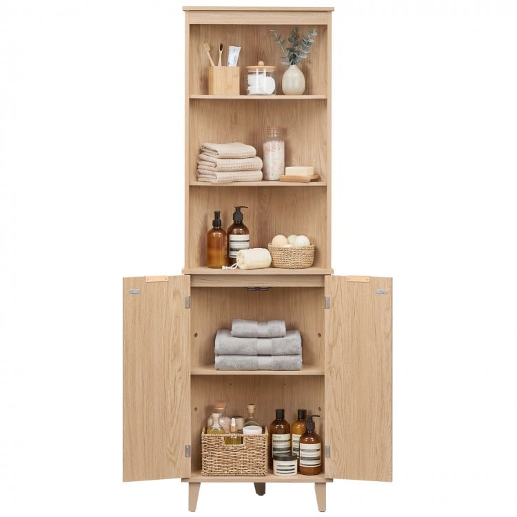 68 Inch Tall Corner Cabinet with Fluted Doors for Bathroom-Oak