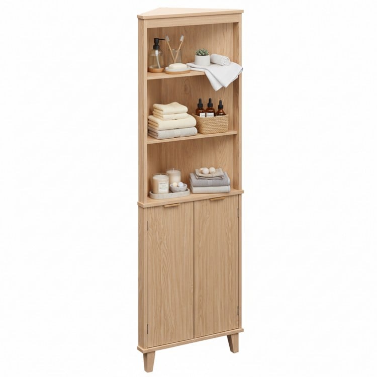 68 Inch Tall Corner Cabinet with Fluted Doors for Bathroom-Oak