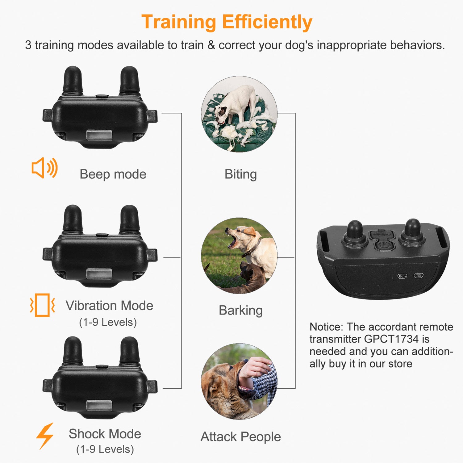 Dog Bark Collar IP67 Waterproof Rechargeable Dog Training Receiver Shock Collar Receiver with Beep Vibration Shock 9 Levels 1640ft Remote Range