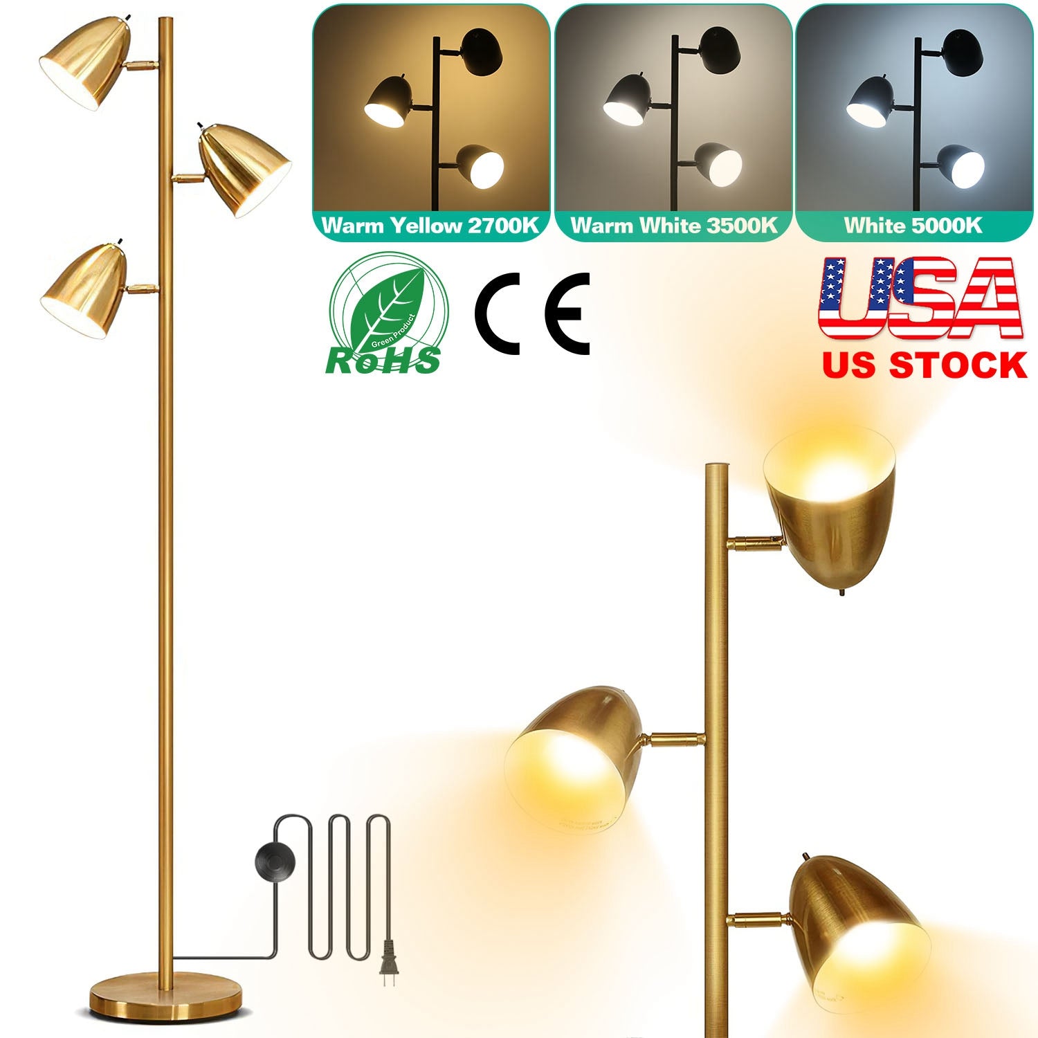 Black Tree Standing Floor Lamp Metal 3 Color Temperature Reading LED Bulb Light 360 Degree Adjustable Individual Separate Switch Living Room Bedroom O