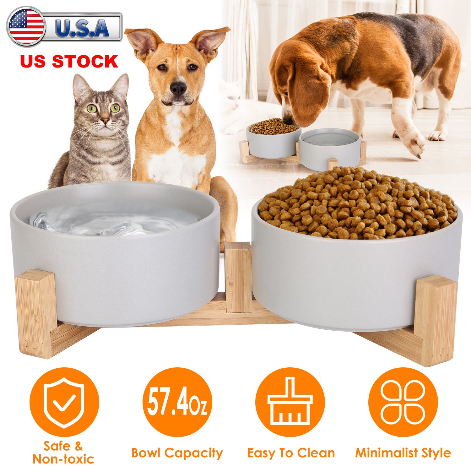 Double 28.7Oz Ceramic Pet Bowls Dog Cat Bowls with Wooden Stand Raised Pet Feeder for Small Dogs Cats 