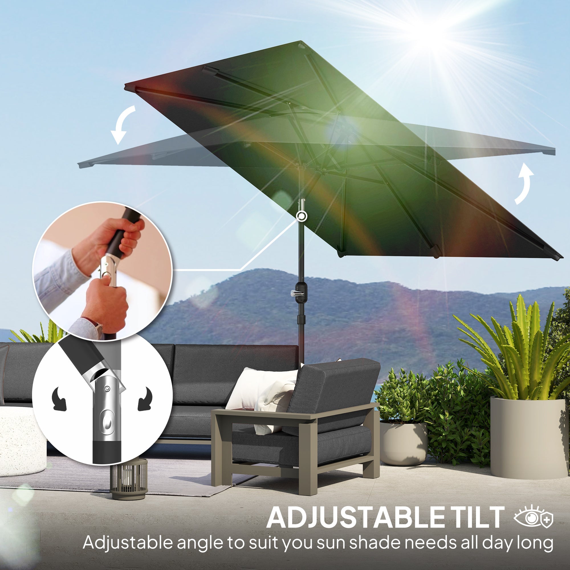 Outsunny 6.6x9.6ft Rectangle Aluminum Tilt Patio Umbrella, Garden Market Parasol, Outdoor Sunshade Canopy with Crank, Dark Grey 