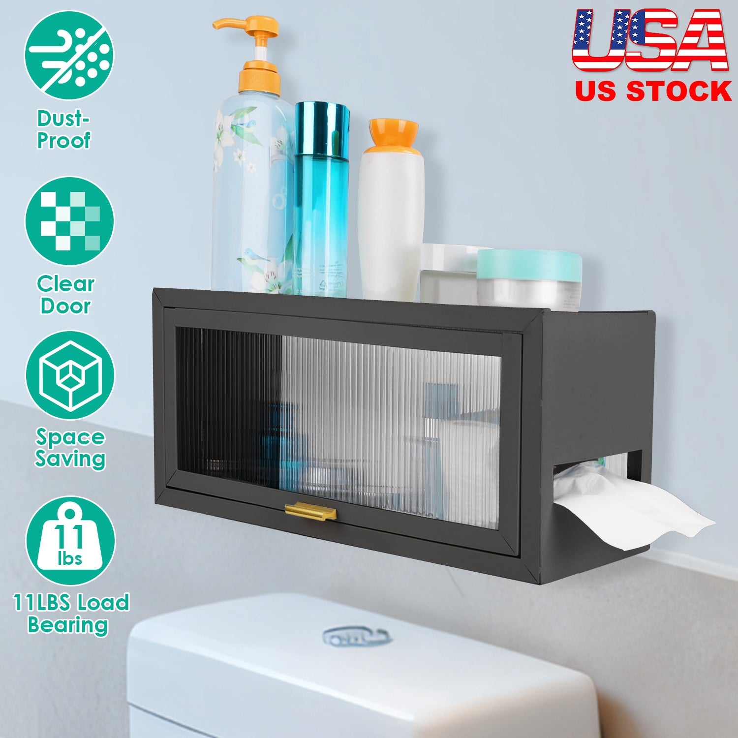 Over The Toilet Storage Cabinet Bathroom Storage Organizer Wall Mounted Toilet Storage Box with Dust-Proof Transparent Magnetic Door Side Opening