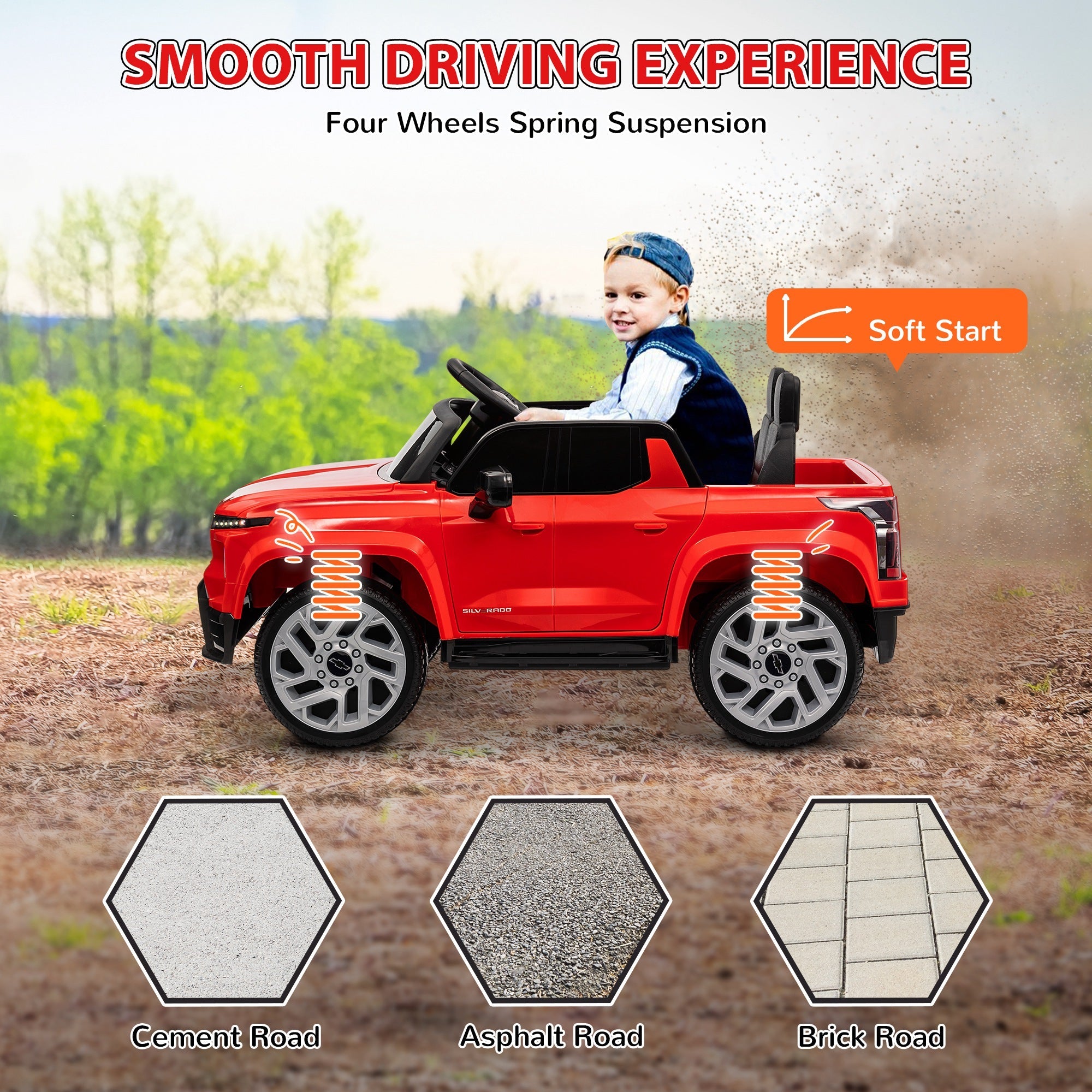 Qaba 12V CHEVROLET SILVERADO EV RST Licensed Kids Car w/ Remote, Spring Suspension, Soft Start, Training Wheels, Red 