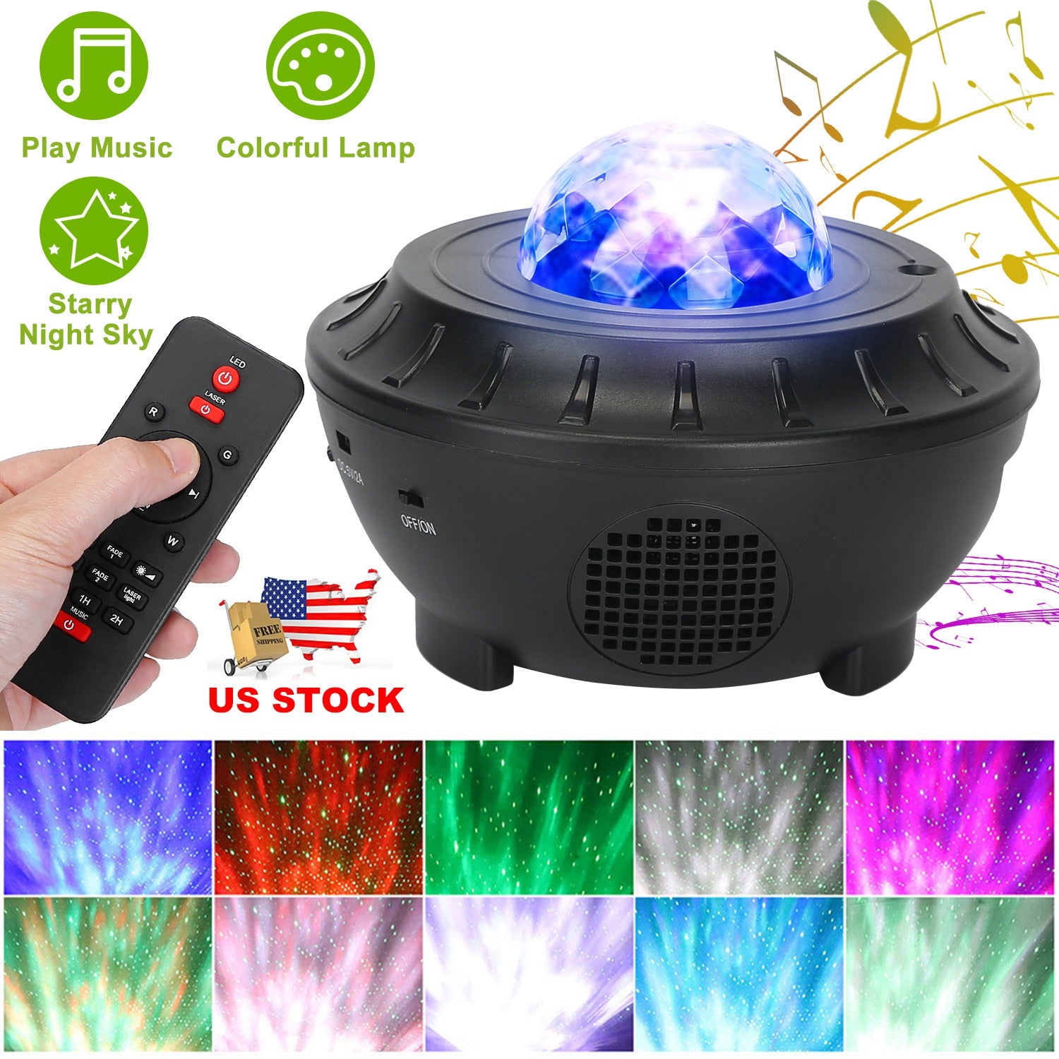 Star Projector Lamp RGBW Wireless Music Speaker Night Light USB Ocean Wave Projector Lamp w/ Remote Control For Bedroom Ceiling