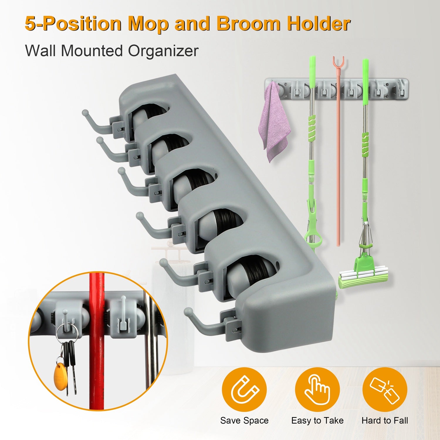 Mop Holder Wall Mount Mop Broom Holder Mop Hanger Organizer Storage Rack w/ 5-Position for Home Bathroom Kitchen Garage