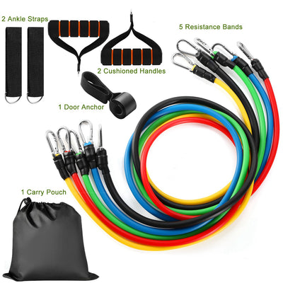 11Pcs Resistance Bands Set Fitness Workout Tubes Exercise Tube Bands Up to 100lbs w/ Door Anchor Handles Ankle Straps for Physical Training Yoga Pilat 