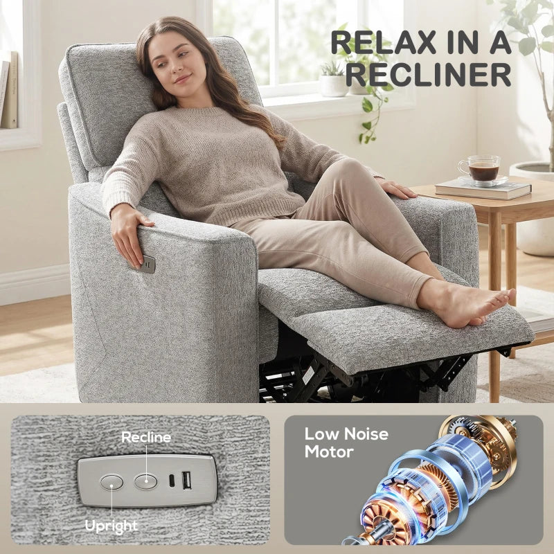 Power Recliner Chair, Linen-look Fabric Upholstered Recliner Chair with USB Ports, Footrest, Grey