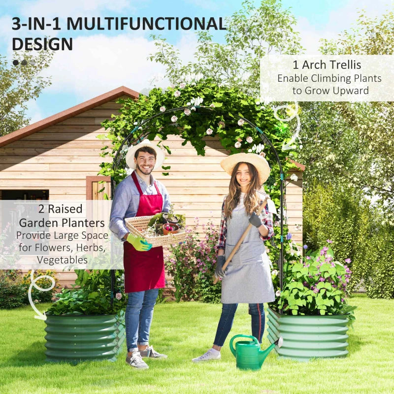 Galvanized Raised Garden Beds with Arch Trellis, Metal Planter Box with Climbing Net, Rubber Strap Edging, Open Bottom
