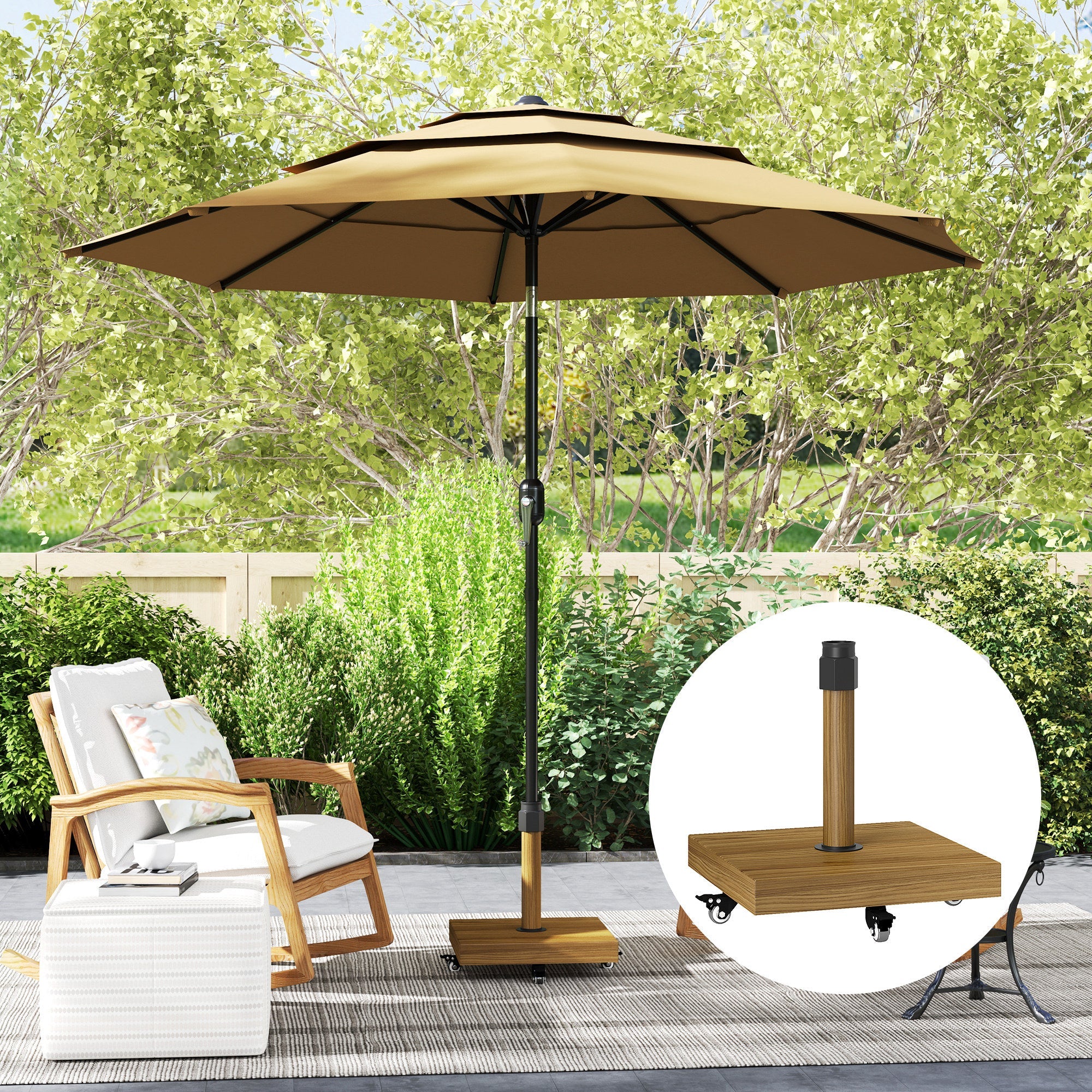 Outsunny Patio Umbrella Base Holder, Outdoor Umbrella Stand with Wheels, Heavy Duty Patio Umbrella Stand Base for Garden, Poolside, Nature Wood 