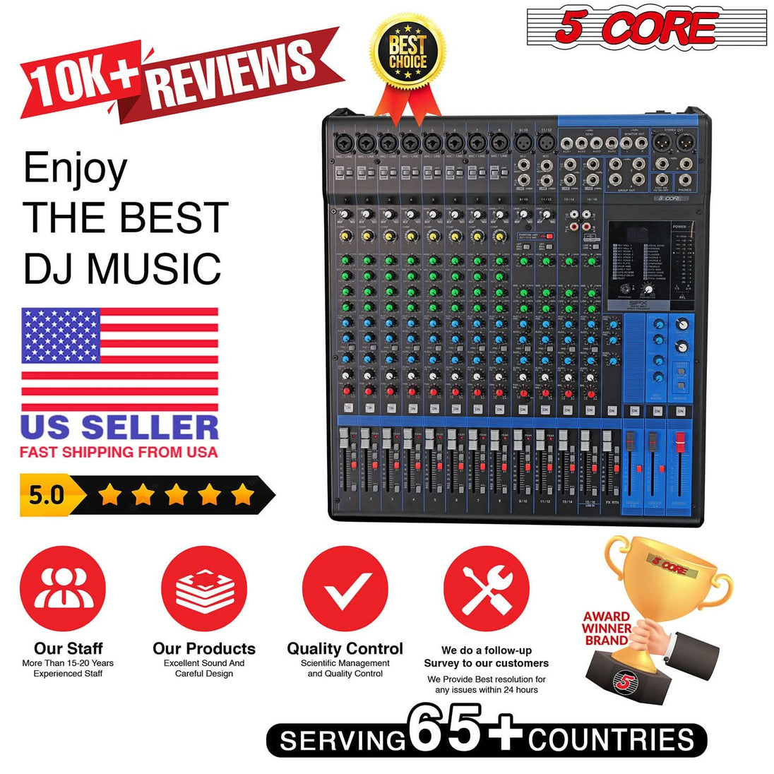 5Core Audio DJ Mixer 16 Channel Sound Board Console w 24 SPX Effect 48V Phantom Power