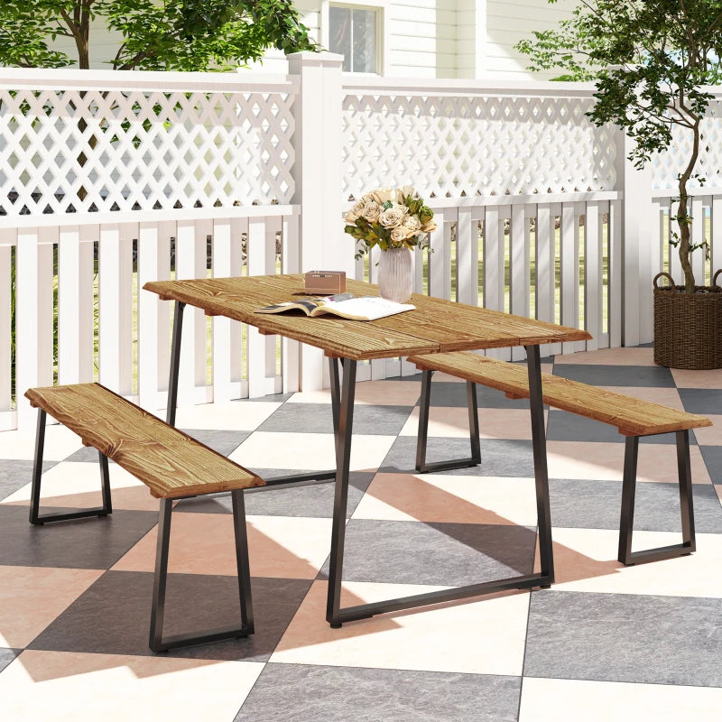 Picnic Table and Bench Set for 6 Persons with 2" Umbrella Hole, Slatted Top & Steel Frame, for Party, BBQ, Patio, Lawn