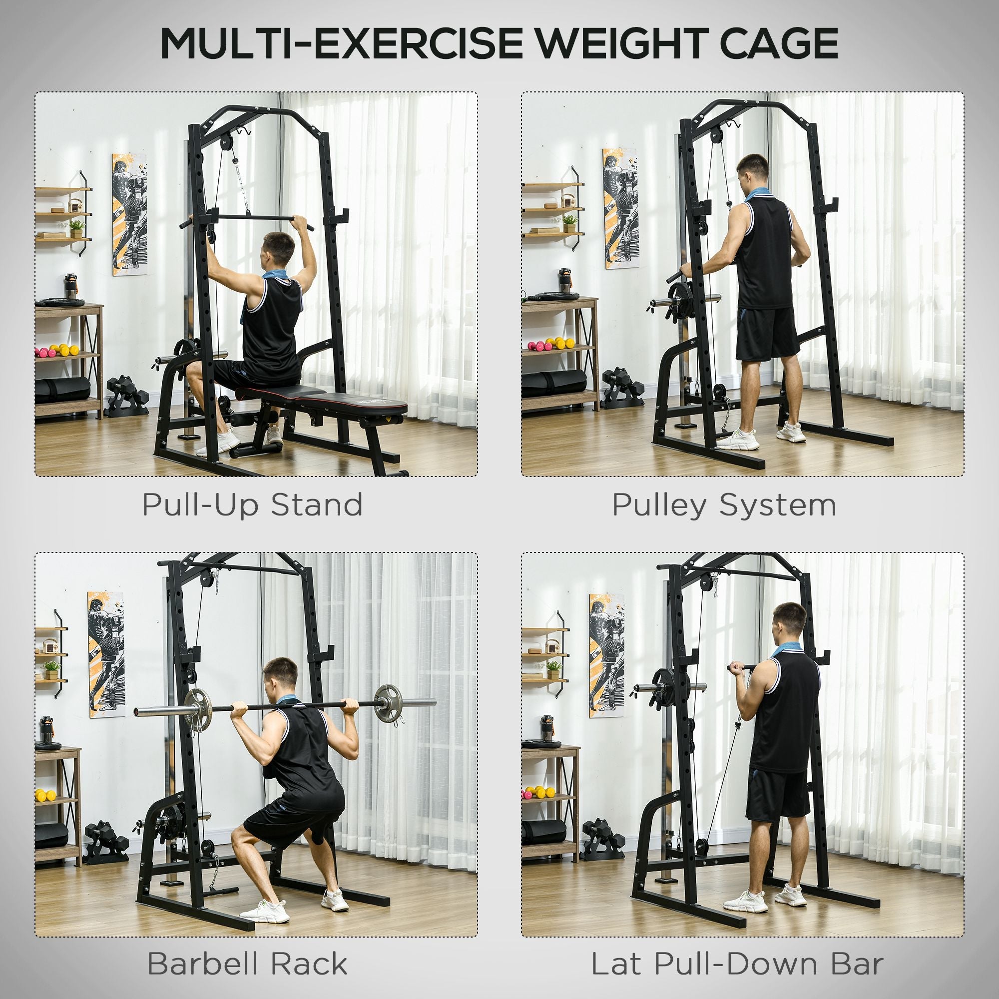 Soozier Complete Power Cage with 15-Level Squat Rack, Cable Pulley, Pull & Push-up Stand for Strength Training 