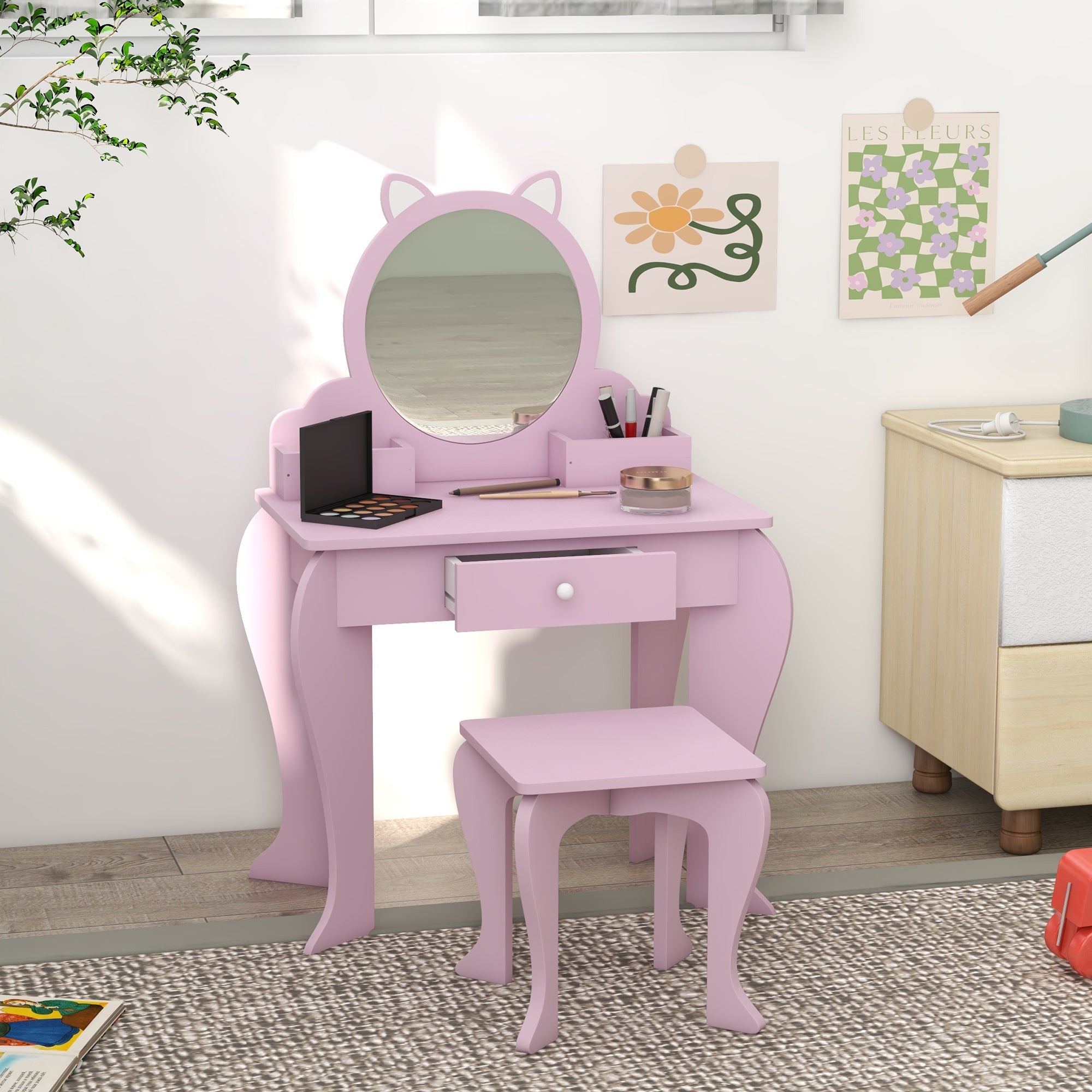Qaba Makeup Vanity with Mirror and Stool Cat Design Drawer Storage Boxes for 3-6 Years Old Pink 