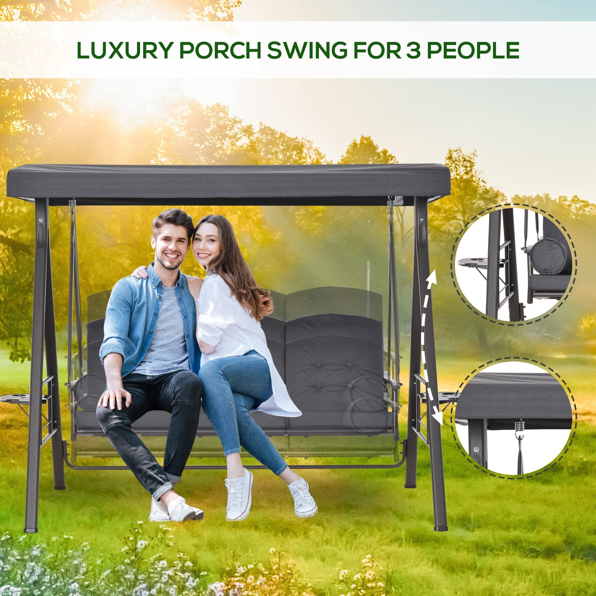 Outsunny Outdoor Patio 3-Person Steel Canopy Cushioned Seat Bench Swing with Included Side Trays & Padded Comfort, Dark Grey 