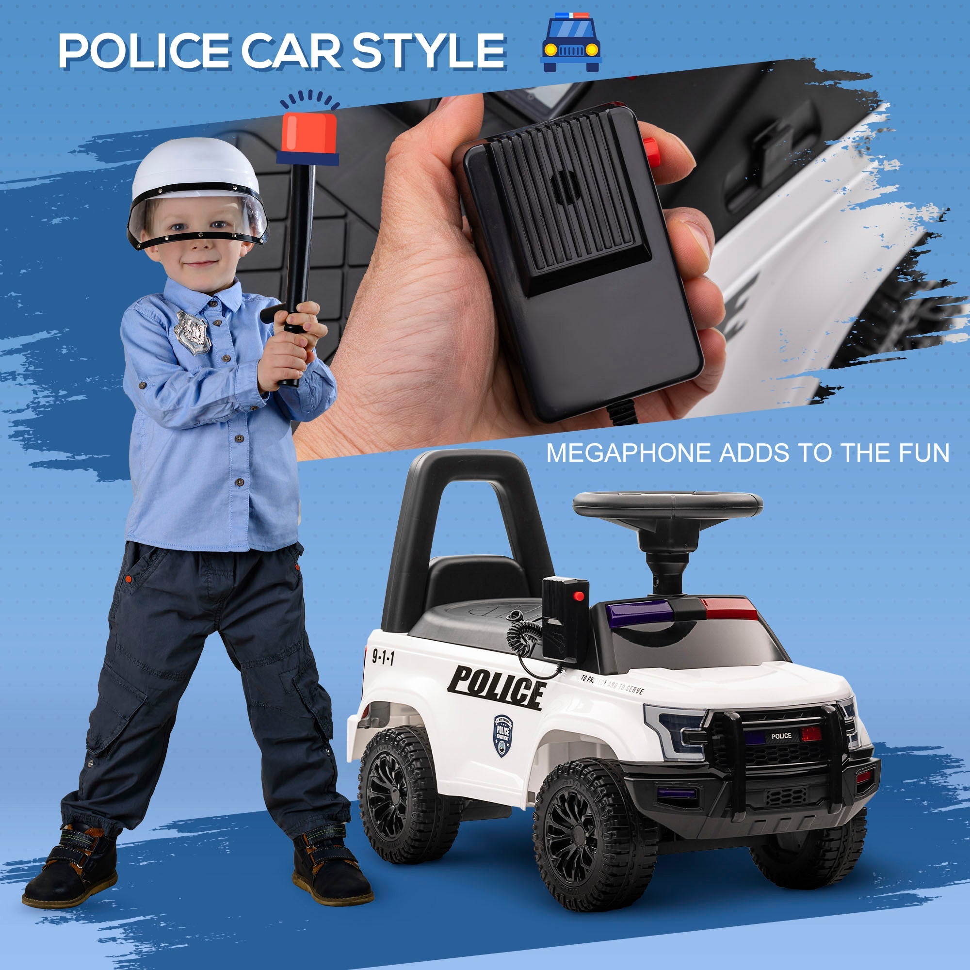 Aosom Kids Ride On Police Car Sliding Toy with Storage Megaphone Anti-Tip Device White 