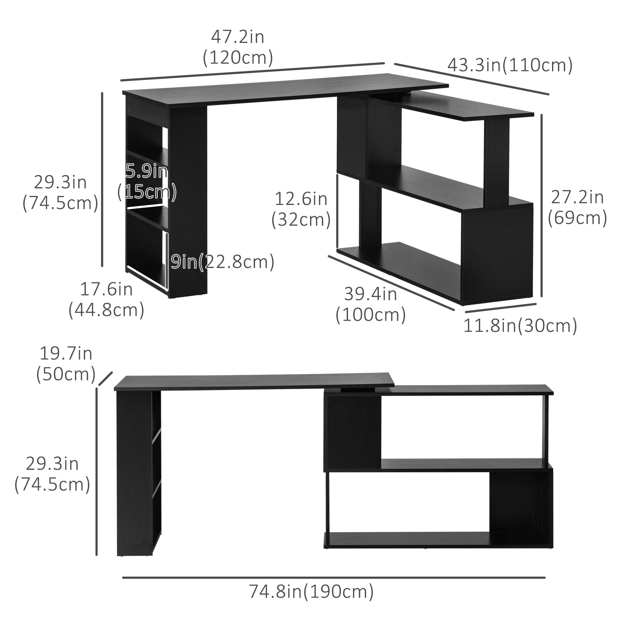 HOMCOM Rotating L-Shaped Desk Corner Computer Workstation with Storage Shelf Home Office Writing Table Black 