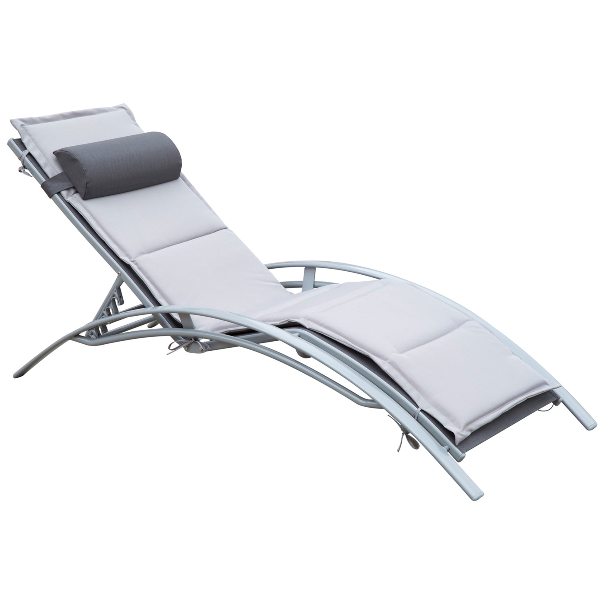 Outsunny Patio Tanning Chair with Cushion Grey Aluminum 5-Level Adjustable Backrest and Head Pillow 