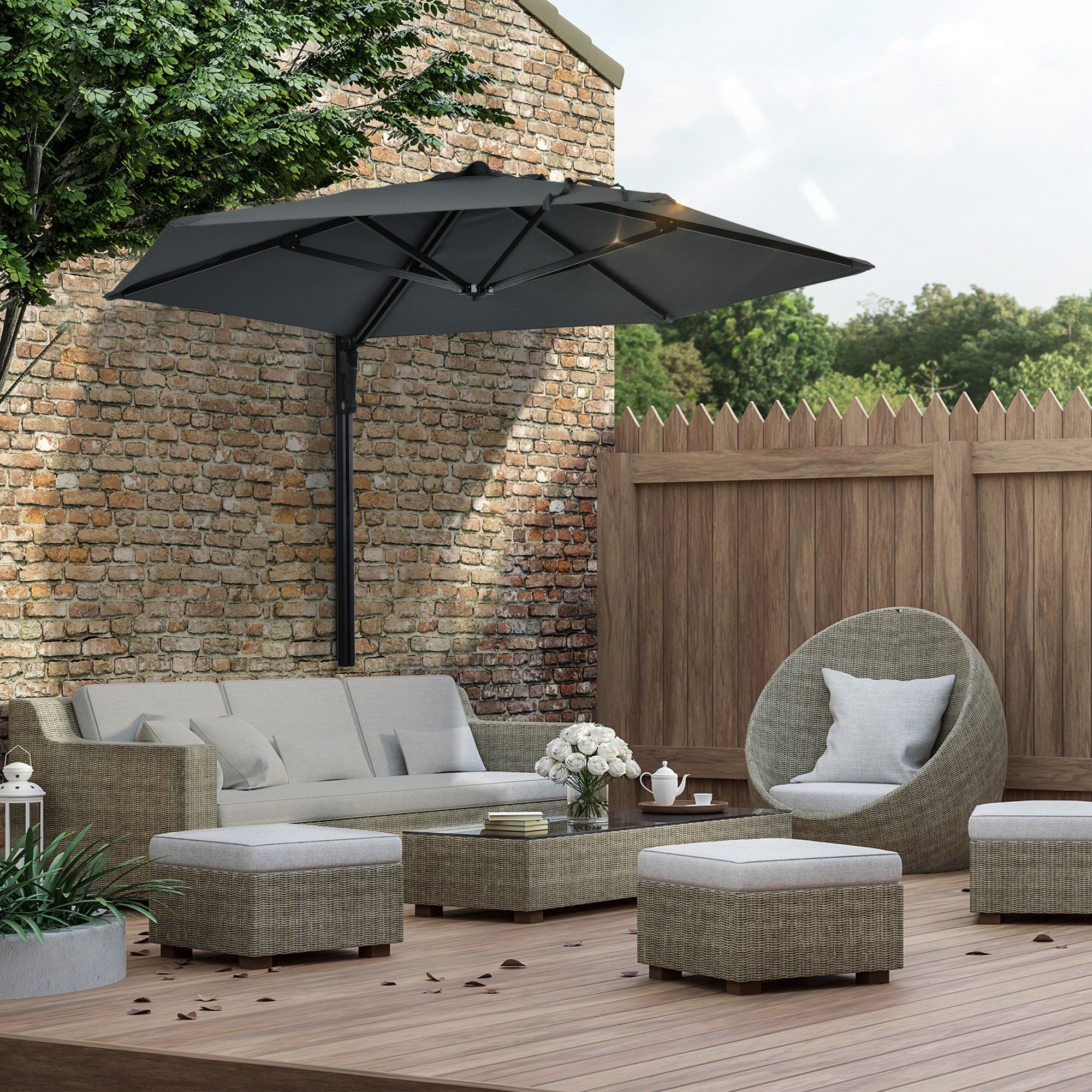Outsunny 8FT Wall Mounted Umbrella: 180° Rotatable Canopy Outdoor Patio Sun Shade Dark Grey 