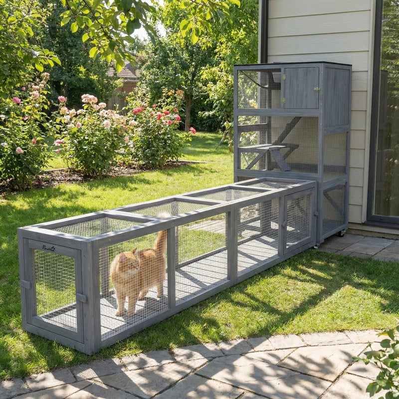 79" Long Cat Tunnel, Cat shelter L- Shape with Extendable Design for Indoor/Outdoor Use with Removable Door, Light Grey