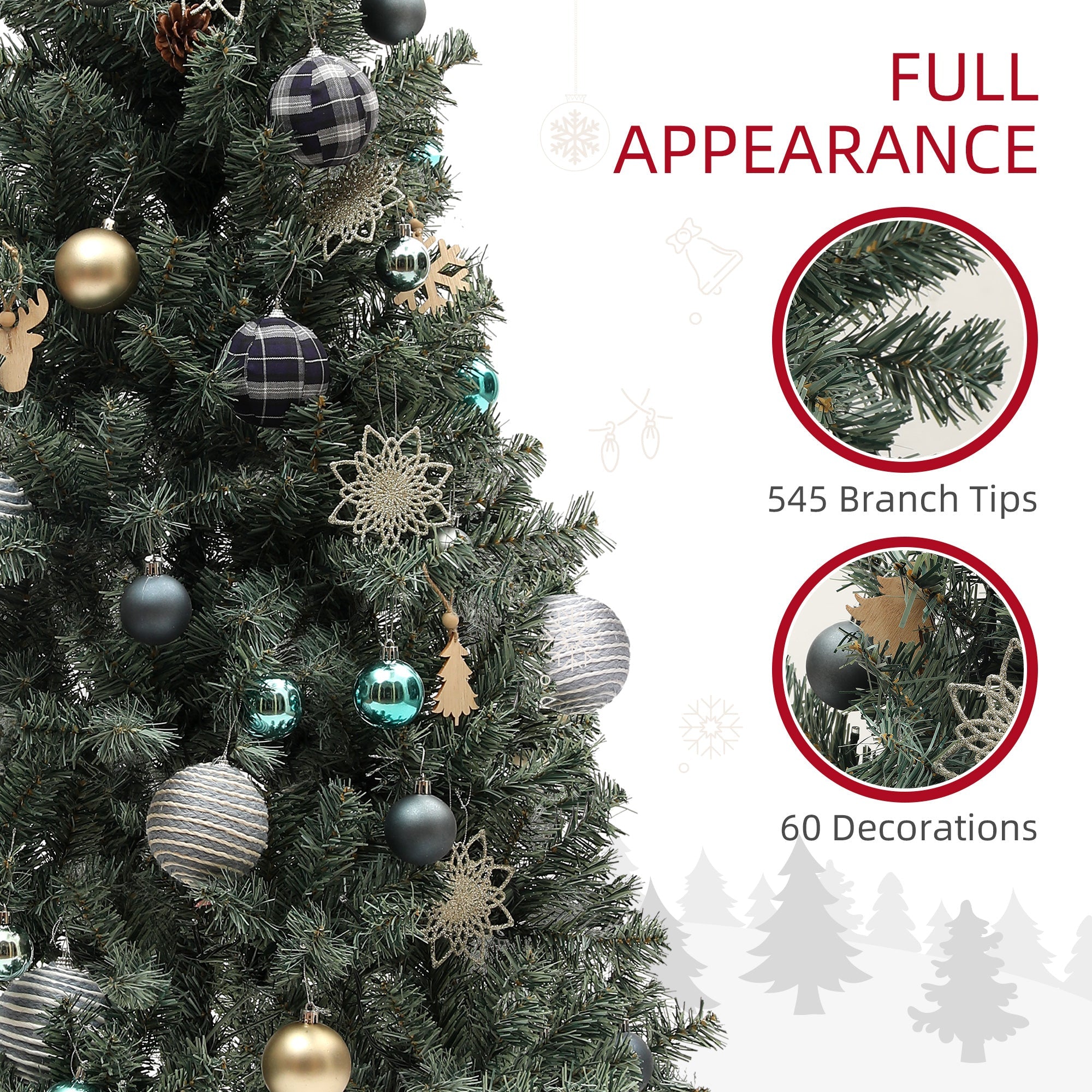 HOMCOM 6ft Artificial Prelit Christmas Tree with 150 Warm White LED Lights, Pre Decorated Xmas Tree for Home Office Holiday 