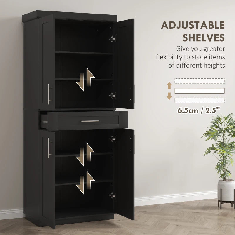 72" Storage Cabinet, Freestanding Kitchen Pantry Cabinet with 4 Doors, Drawer and 3 Adjustable Shelves, Black