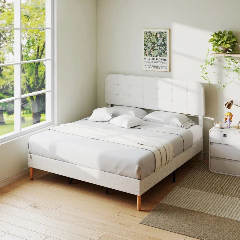 King Size Bed Frame with Adjustable Headboard Upholstered Platform Bed Frame with Wood Slat Support Noise Free White