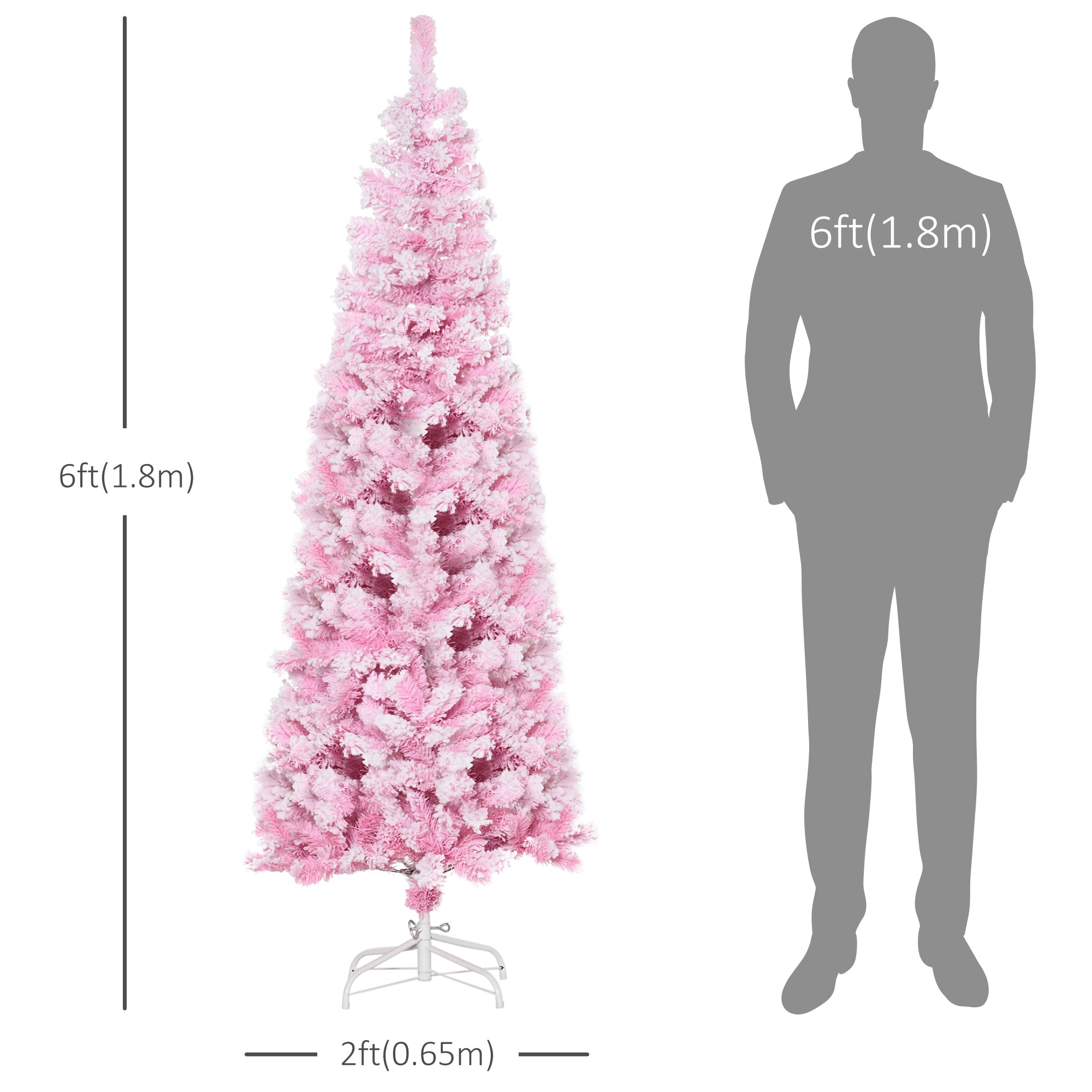 HOMCOM 6 Foot Snow Flocked Artificial Christmas Tree Pencil Xmas Tree with 520 Realistic Branches, Auto Open and Steel Base, Pink 
