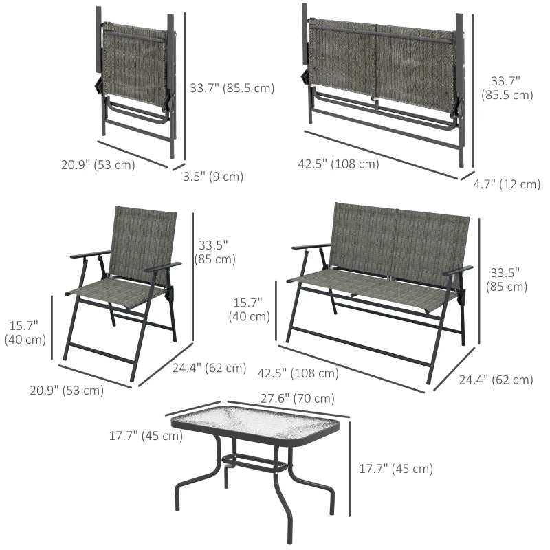 Outdoor 4 Pieces Patio Furniture Set, Garden Set with Two Foldable Armchairs, a Loveseat & Glass Top Table, Mixed Brown