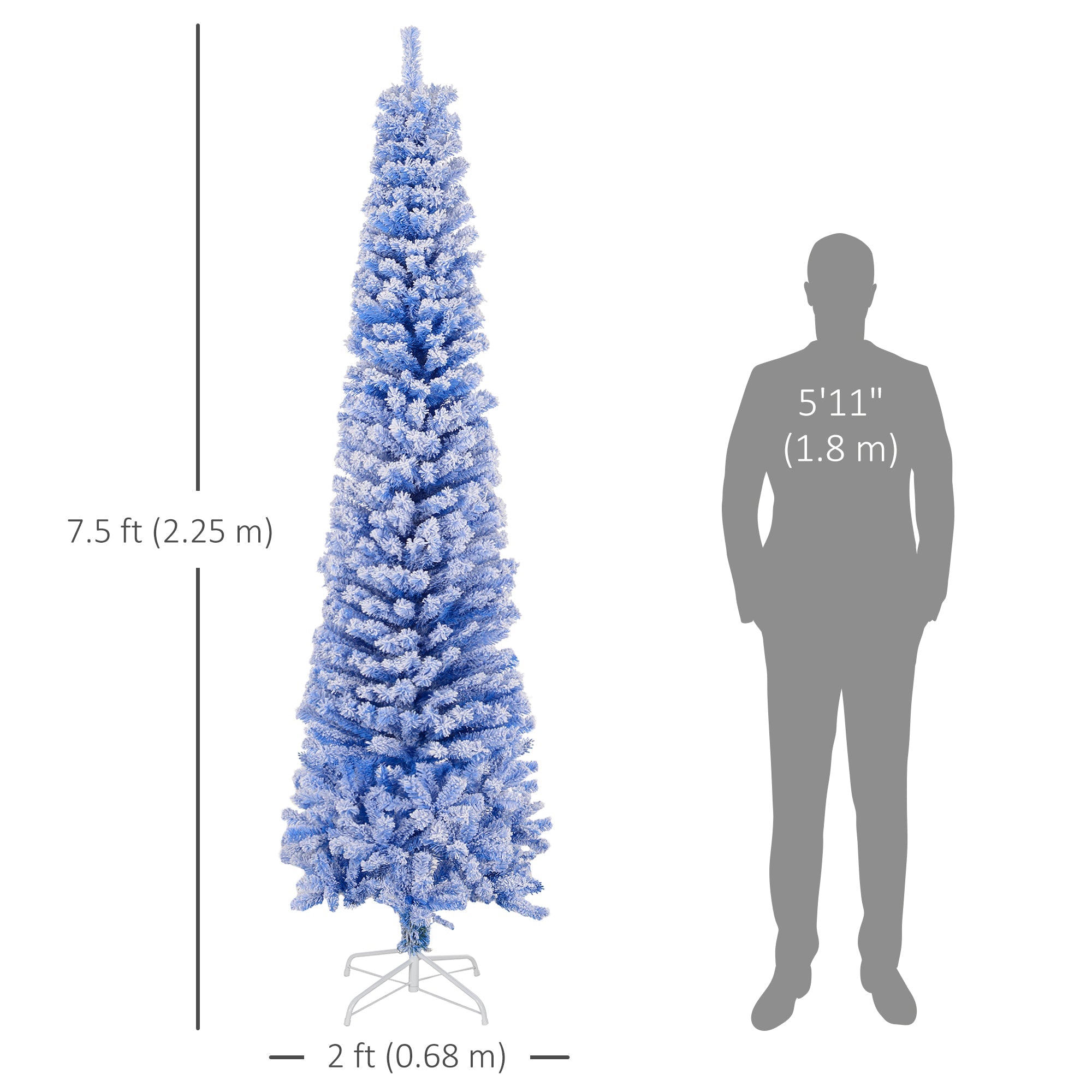 HOMCOM 7.5ft Flocked Christmas Tree, Pencil Christmas Tree with Realistic Branch Tips, Folding Metal Stand, Blue 
