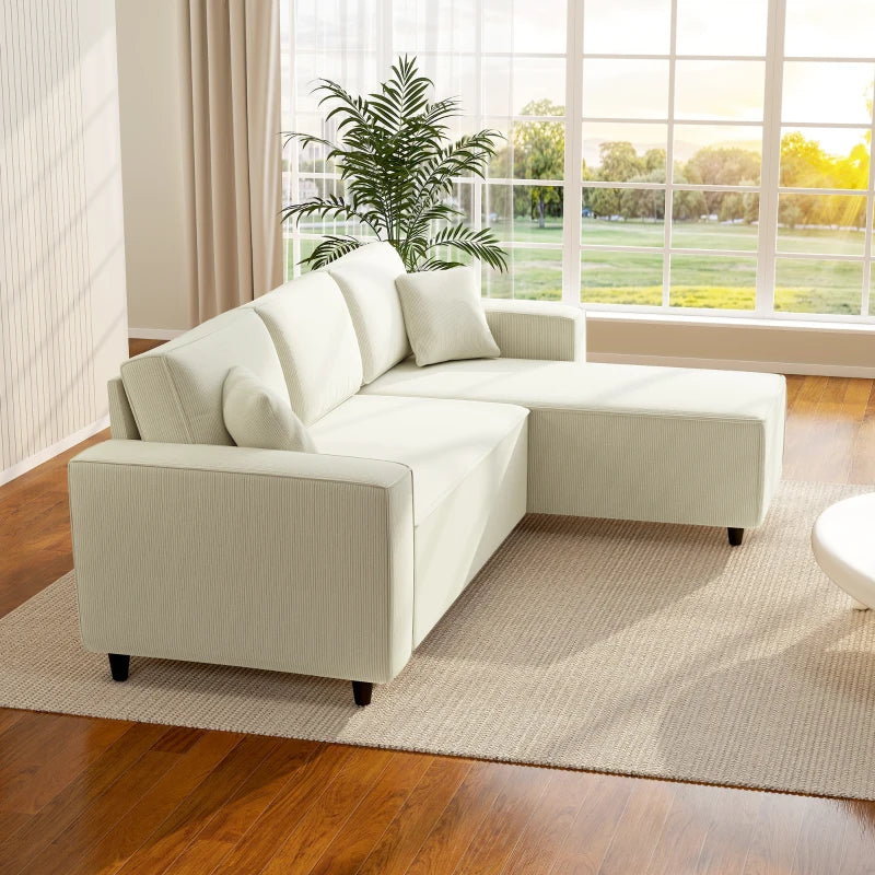 Corner Sofa with Changeable Chaise, Corduroy L-Shaped Sectional Sofa with Pocket Spring, 2 Pillows, Cream White