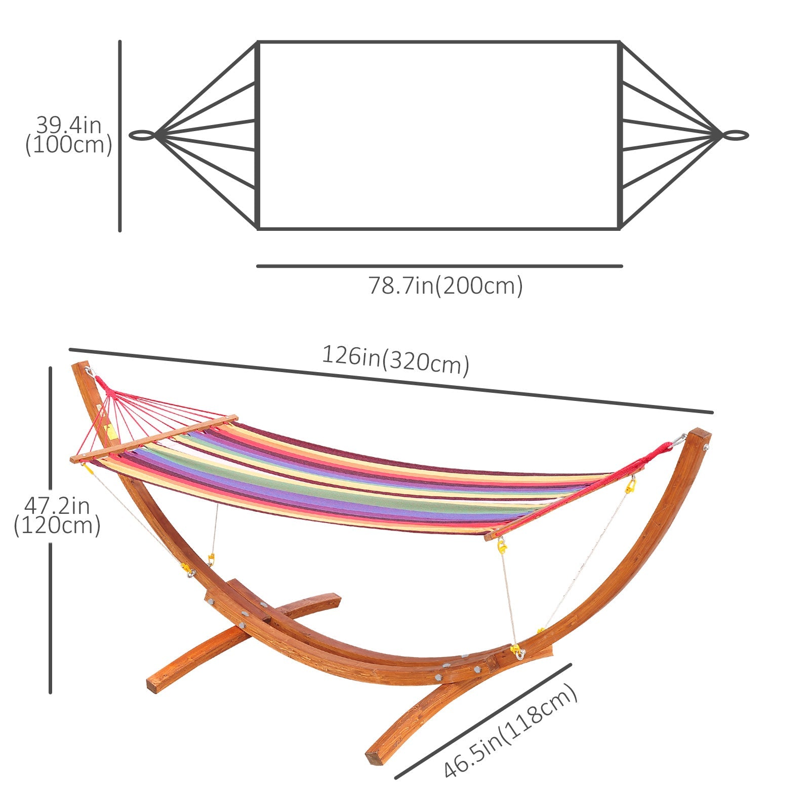 Outsunny 10' Outdoor Swing Hammock, Hammock with Wood Stand Rainbow Bed, Heavy Duty Roman Arc Hammock, Multi Color 