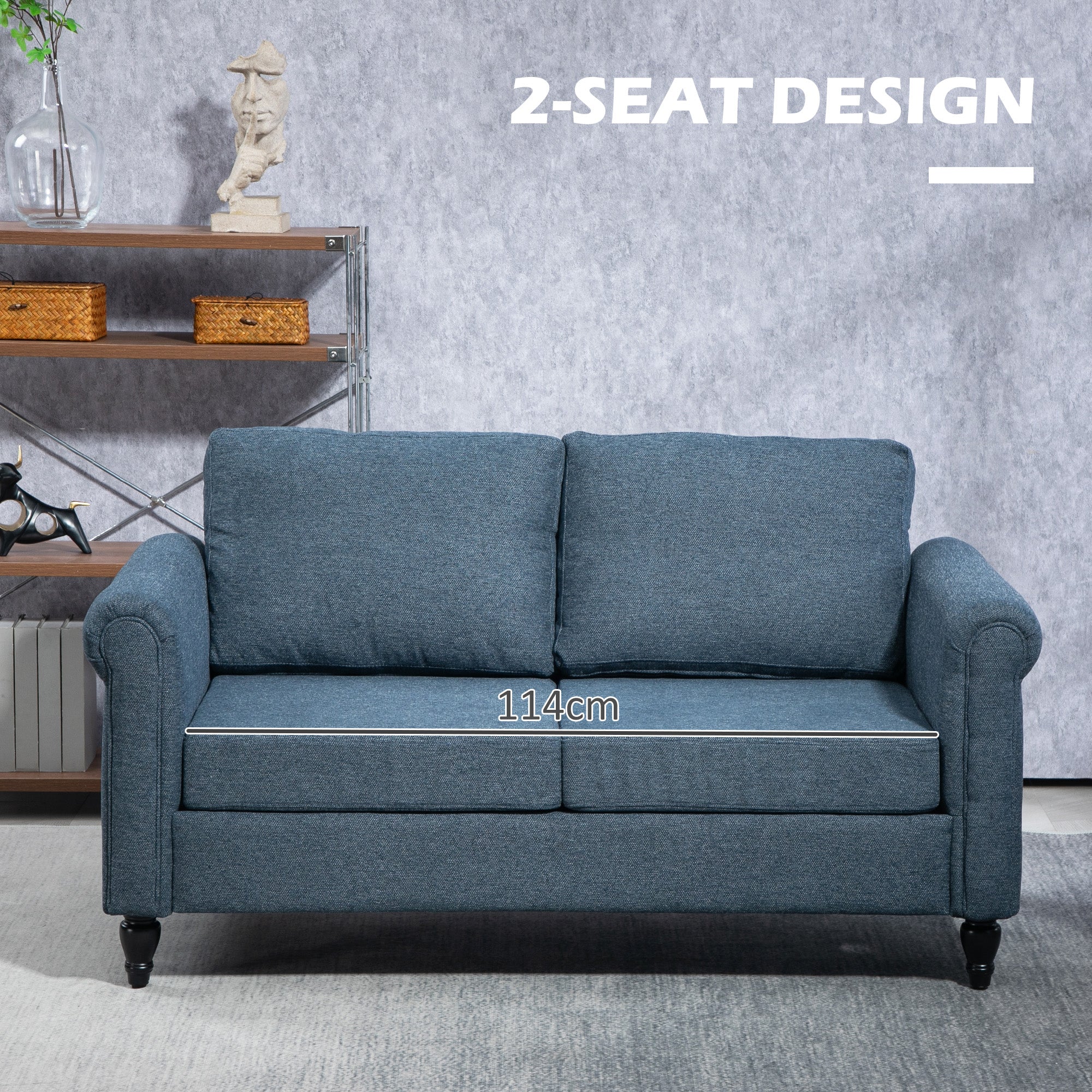 HOMCOM Vintage Loveseat, Upholstered Love Seat Furniture, Fabric 2 Seater Sofa with Rolled Arms, Rubber Wood Legs, Dark Blue 