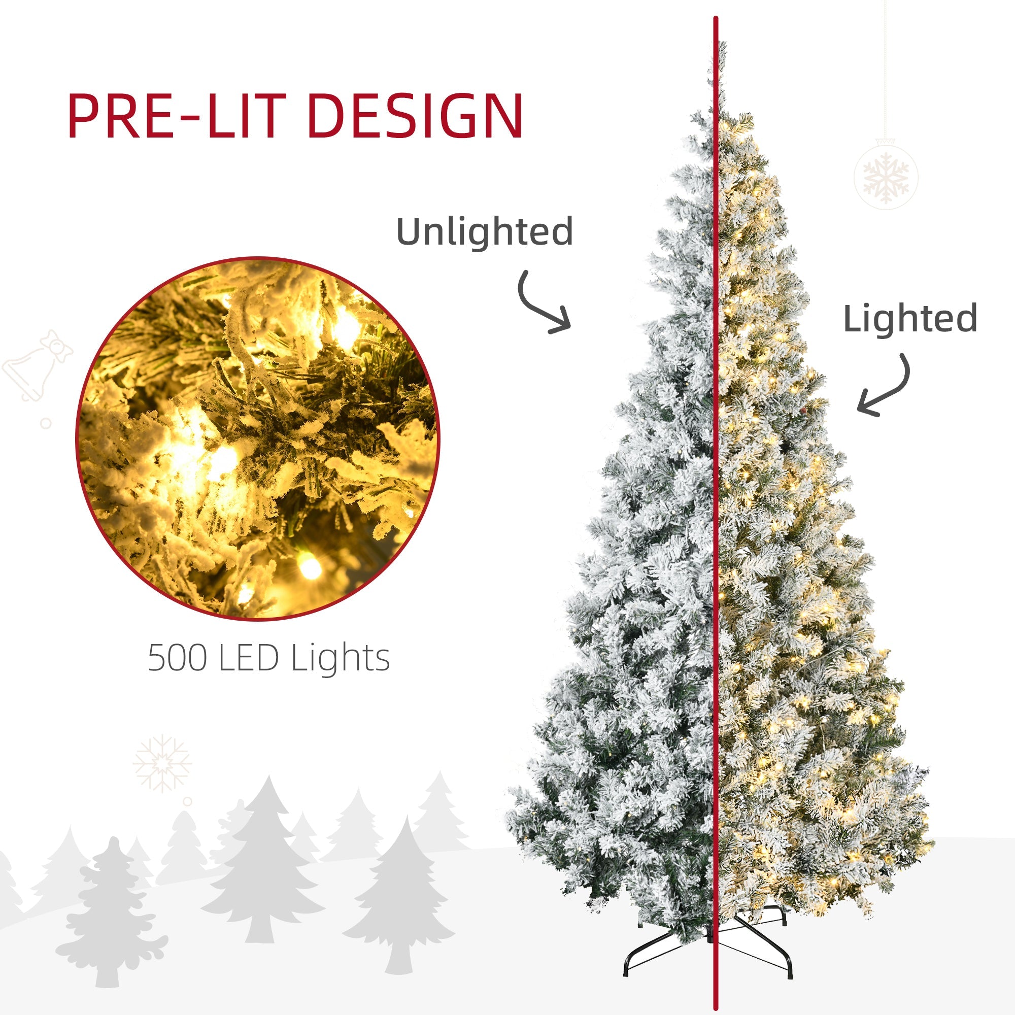 HOMCOM 7.5ft Artificial Prelit Christmas Tree with Warm White LED Light, Snow Flocked Branches, Metal Base, Xmas Tree 
