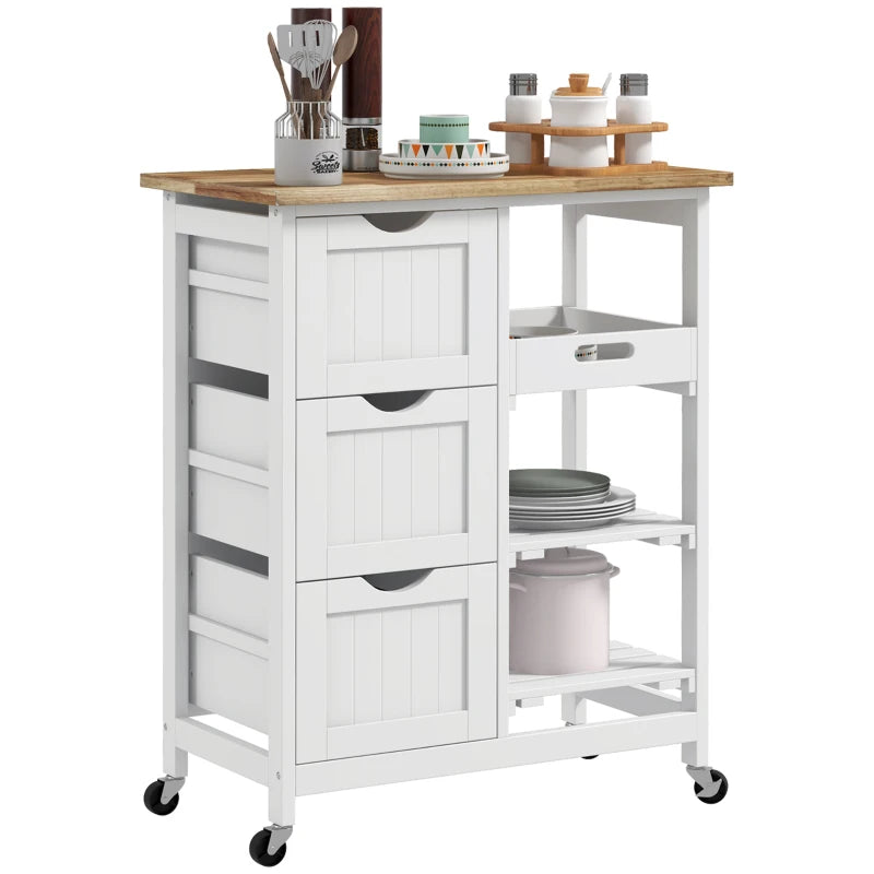 Kitchen Cart on Wheels, Rolling Kitchen Island Cart with Wood Top, 3 Drawers and Shelves for Home Dining Area