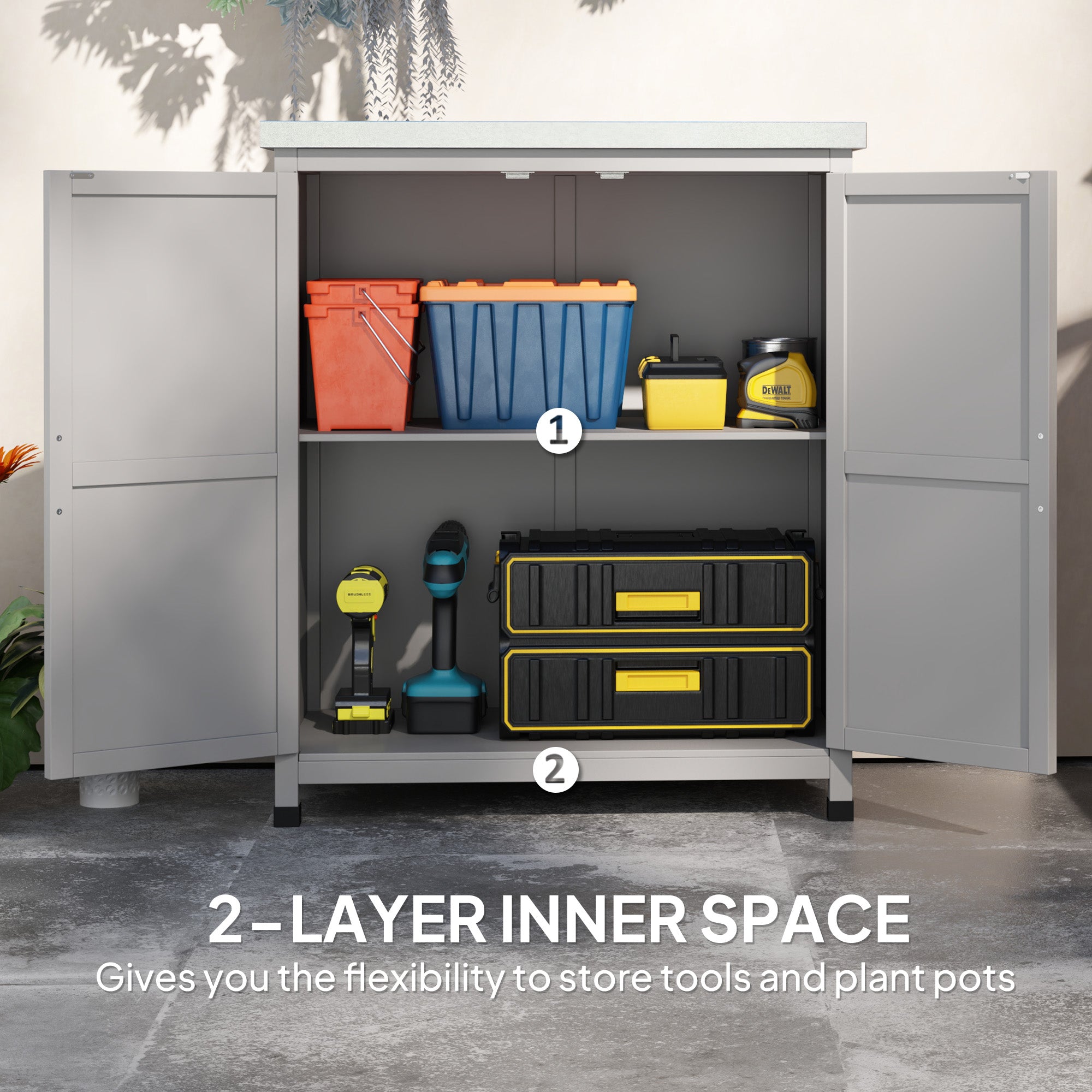 Outsunny Garden Storage Cabinet, Outdoor Potting Bench Table with Metal Tabletop, Shelf and Double Doors, Grey 