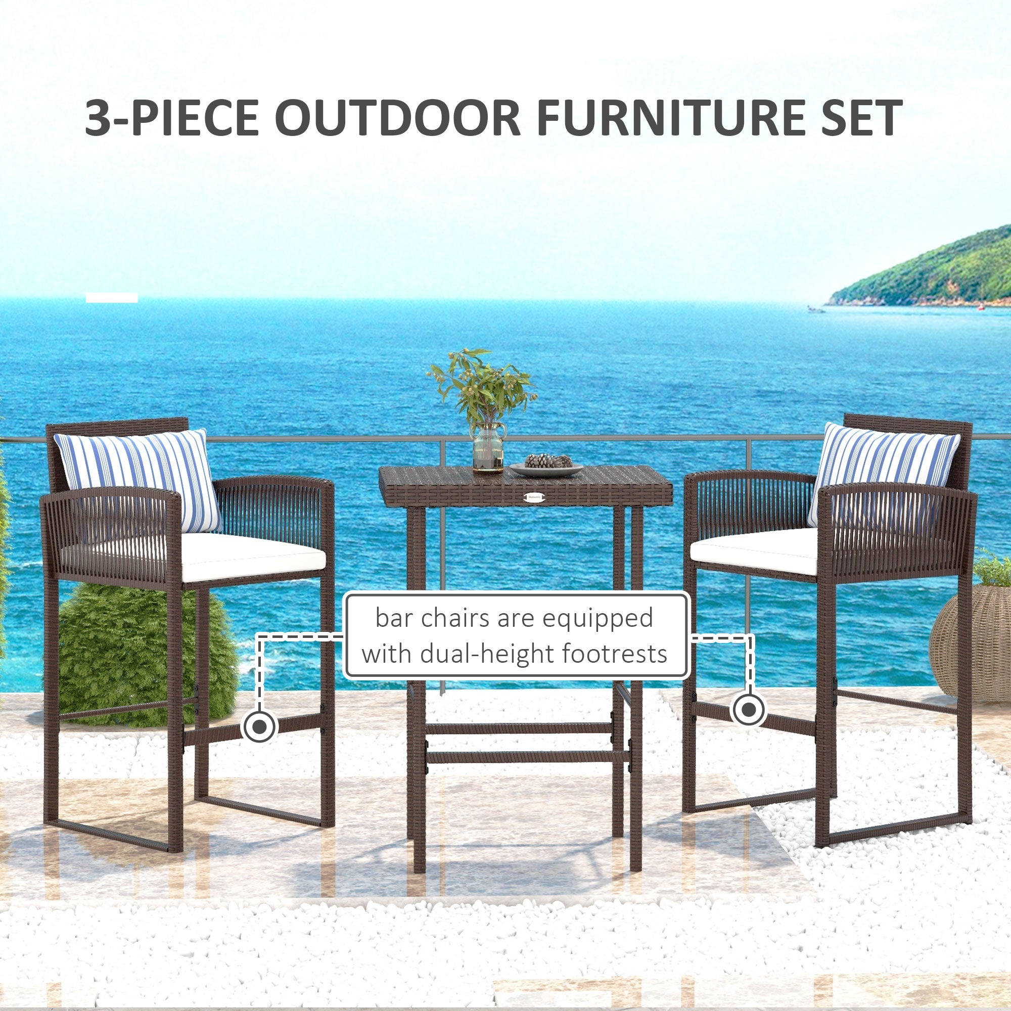Outsunny 3-Piece Wicker Bar Set Patio Bar Table Chair with Cushions Poolside 25.2" x 19.3" x 37" White 