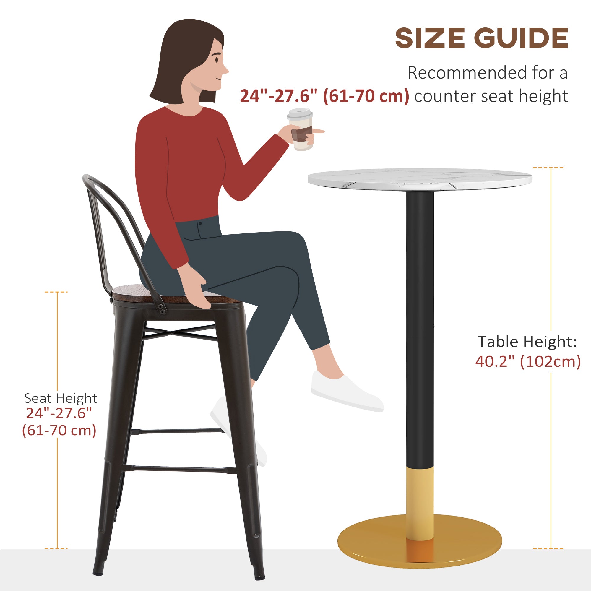 HOMCOM High Top Bar Table Modern Round Dining Faux-marbled Top Gold Base Bistro for 2 White 