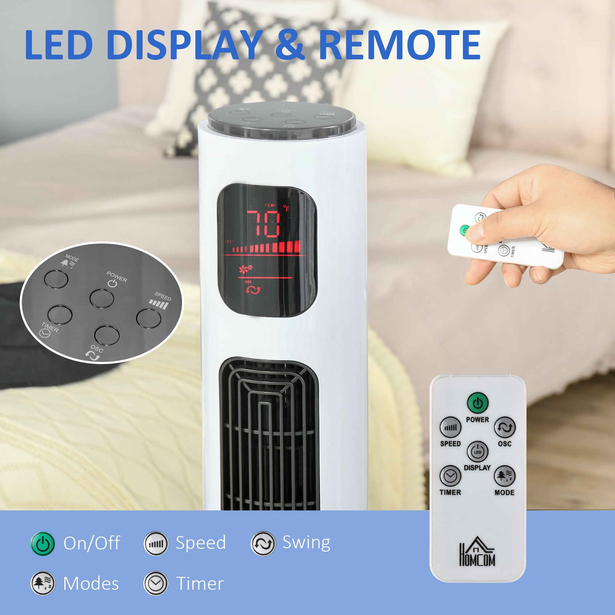 HOMCOM Oscillating Tower Fan Standup Cooling 3 Speed 12h Timer LED Remote White for Efficient Air Circulation 
