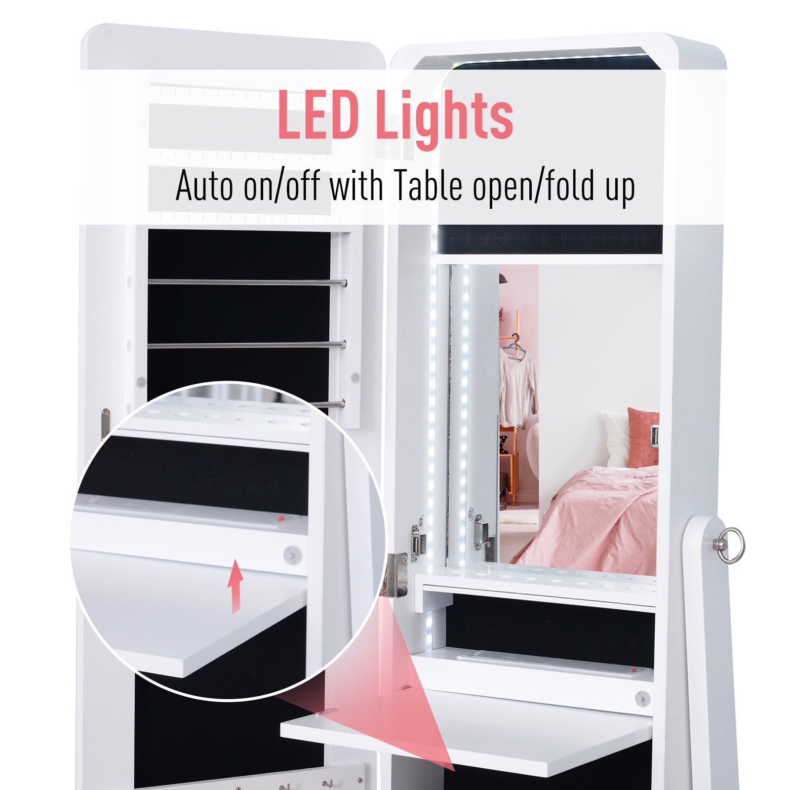 HOMCOM Mirrored Jewelry Armoire LED Lights Freestanding Organizer Adjustable Angle Lockable Cabinet White 