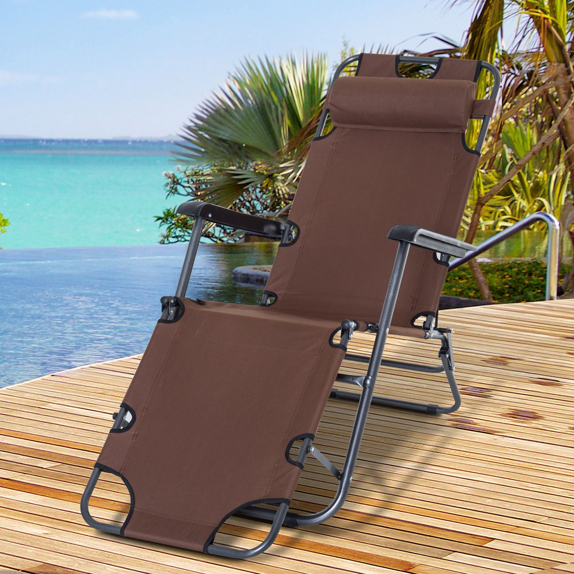 Outsunny Adjustable Folding Chaise Lounge Chair Portable Recliner Sun Lounger Outdoor Garden Seat with Pillow Brown 