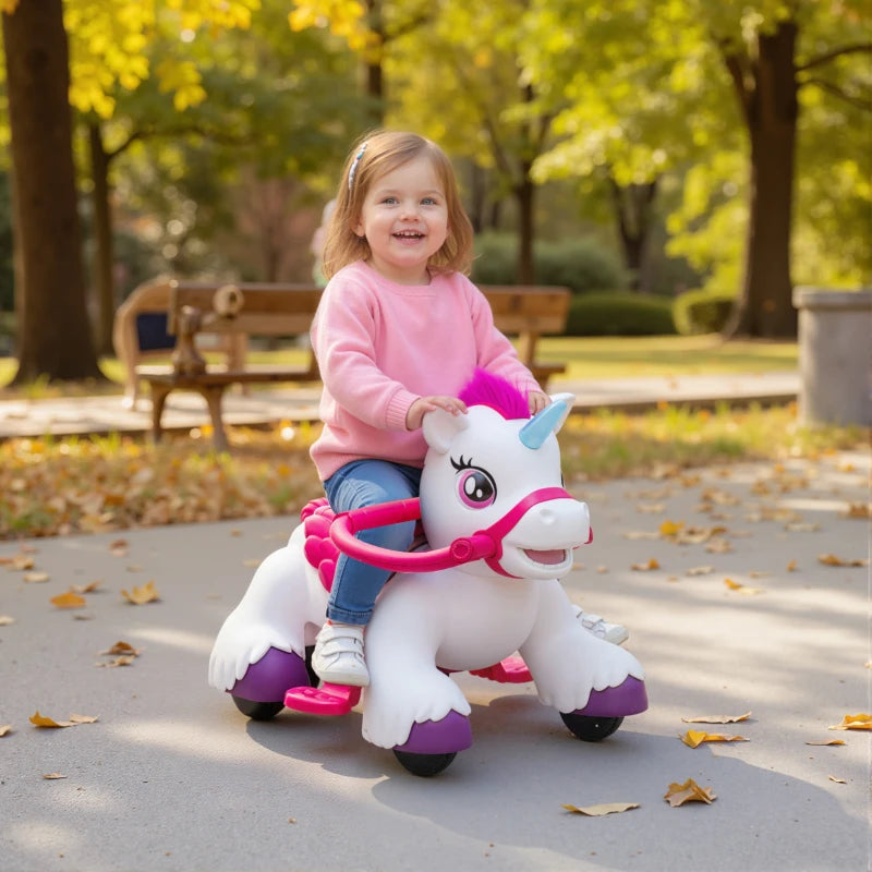 Qaba 12V Unicorn Ride on Toy, Battery Powered Kids Electric Ride on Horse with Carrot Toy, Comb, Animal Sounds, for Age 18-36 months