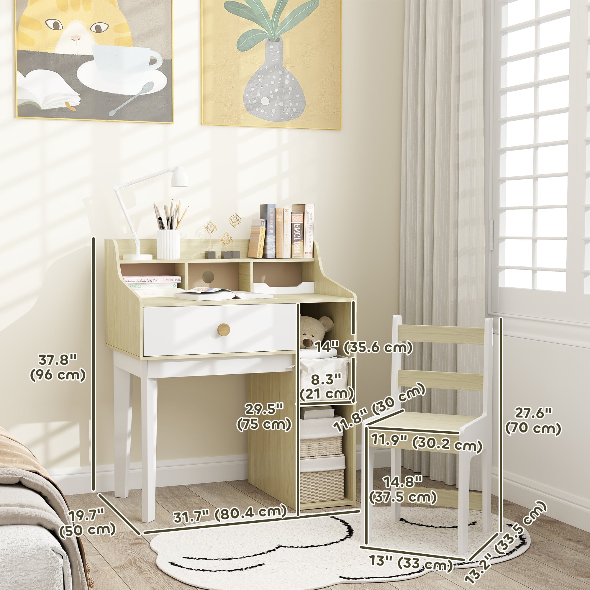 Qaba Kids Desk and Chair Set with Storage Shelves, Drawer, for 3-10 Years, White 