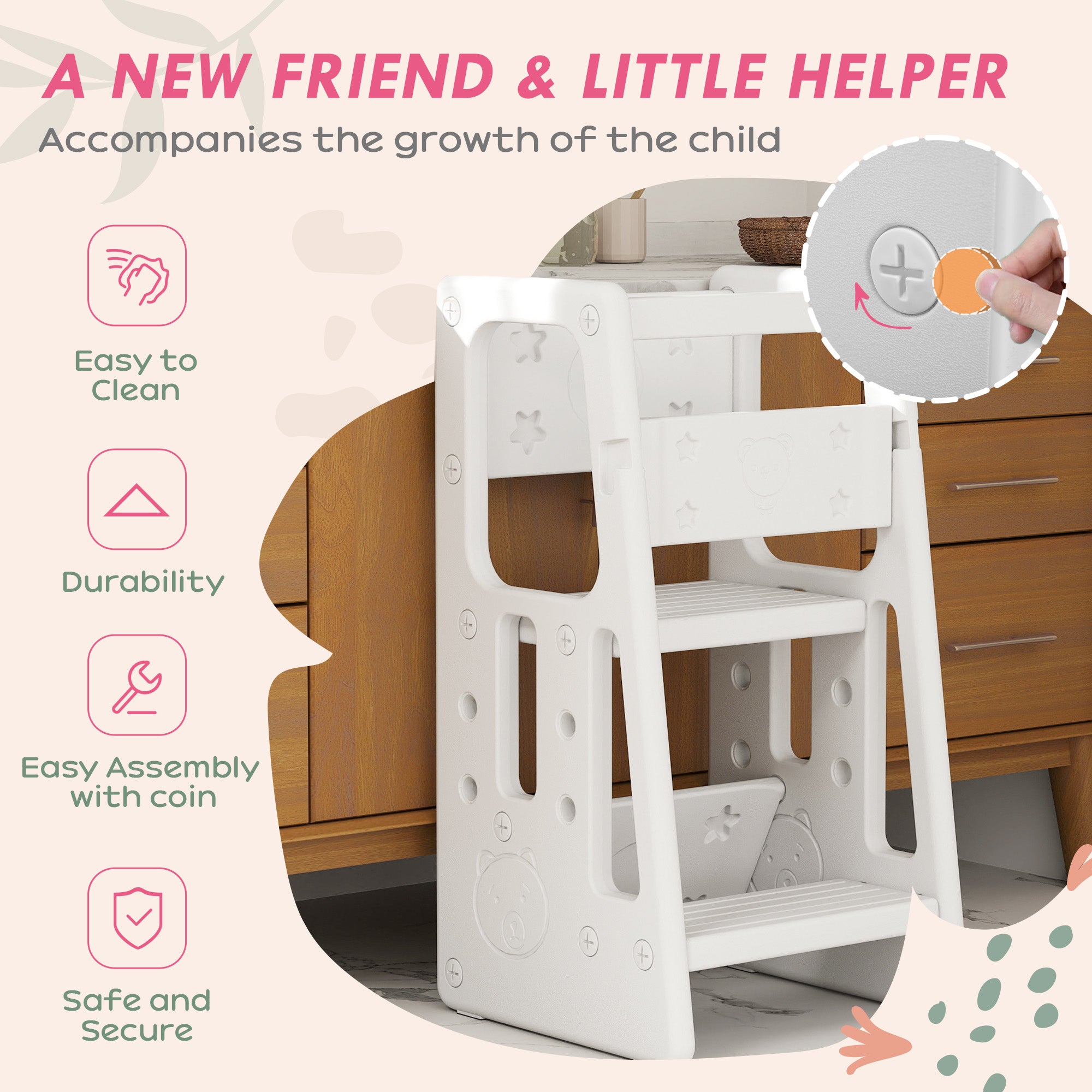 Qaba Adjustable Kids Step Stool, Toddler Kitchen Standing Tower with 3 Heights, White 
