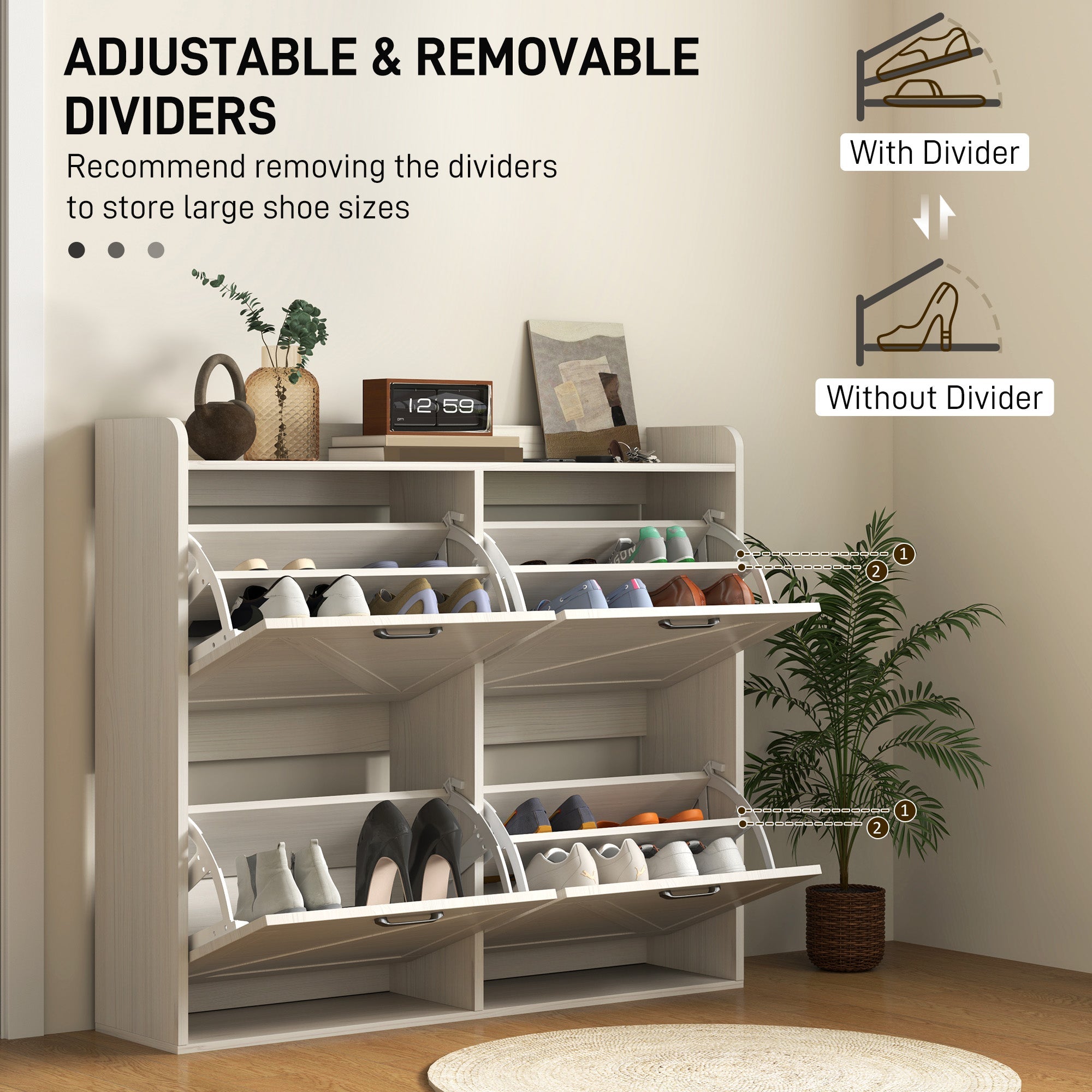 HOMCOM Narrow Shoe Storage Cabinet with 4 Flip Drawers, Adjustable Shelves, 16 Pair Farmhouse Shoe Cabinet, White Oak 