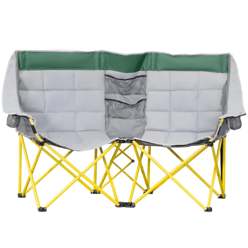 62" W Double Seat Camping Chair Folding Lawn Loveseat w/ Storage Pocket & Cup Holder Compact in a Bag for Outdoor, Beach, Picnic, Hiking, Travel, Green