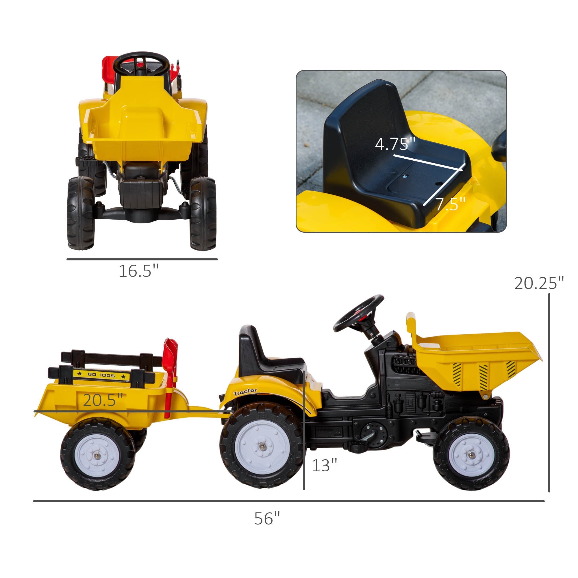 Aosom Yellow Pedal Ride On Dump Truck Front Loader Kids Ride-On Construction Tractor with Trailer 